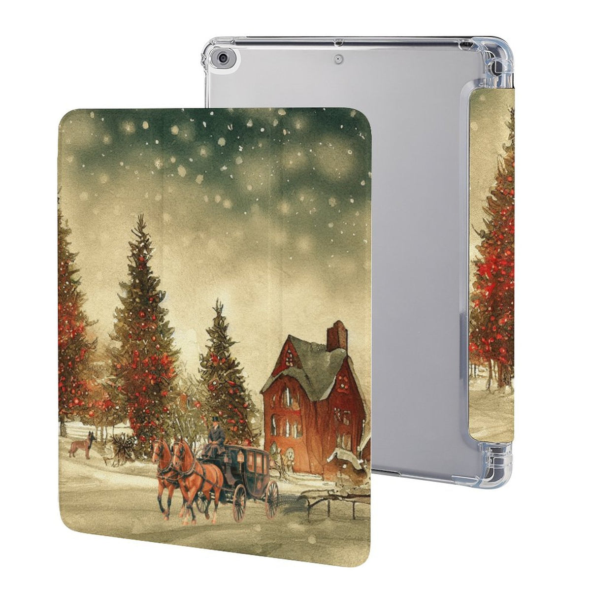A protective iPad COMPATIBLE case with a printed winter village scene on the back, shown alongside the transparent case body on a white background.
