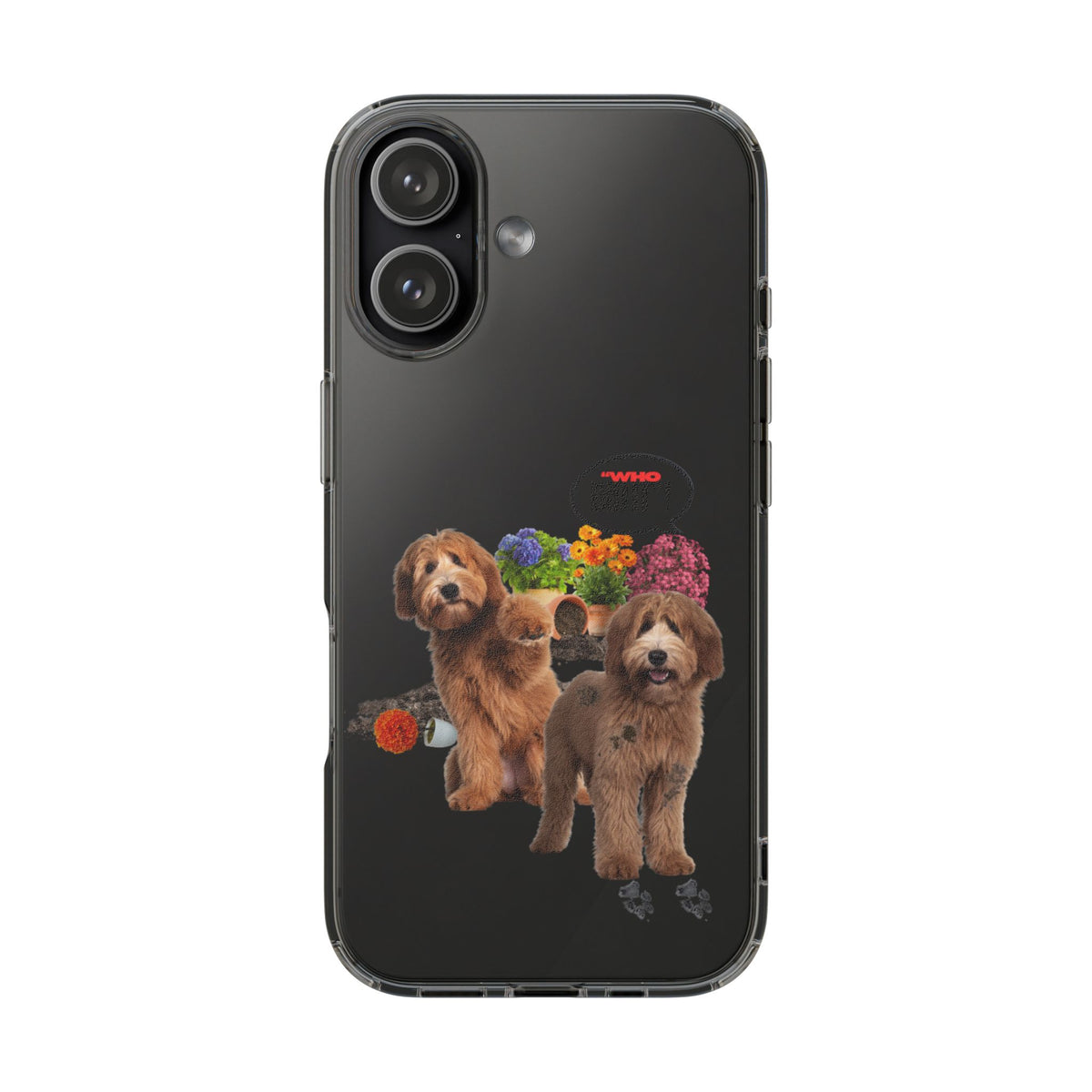 A black smartphone case featuring a printed graphic of two brown poodles, colorful flowers, and small paw prints, shown on a plain white background.