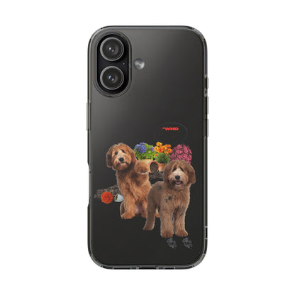 A black smartphone case featuring a printed graphic of two brown poodles, colorful flowers, and small paw prints, shown on a plain white background.