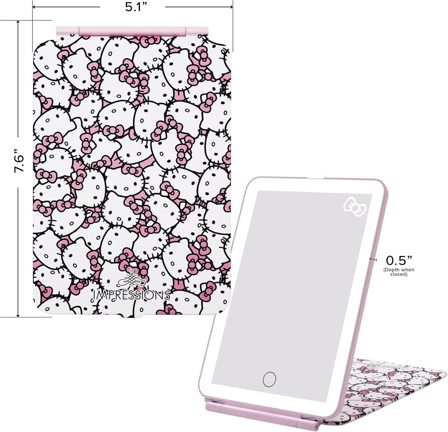 Impressions Vanity Hello Kitty Touch Pad Mini Tri-Tone Makeup Mirror with Printed Flip Cover and LED Strip, Travel Vanity Mirror with Touch Sensor Switch and USB Extension (White/Pink)
