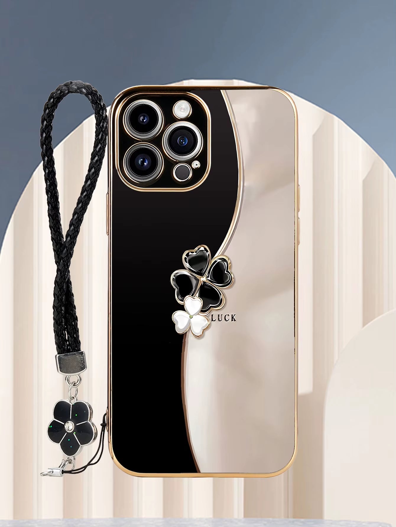 Luxury Plating Lucky Four-Leaf Clover Flower Lanyard Phone Case for Iphone 17 16 15 14 plus 13 12 11 Pro Max X XS Back Cover