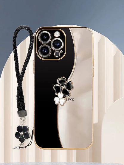 Luxury Plating Lucky Four-Leaf Clover Flower Lanyard Phone Case for Iphone 17 16 15 14 plus 13 12 11 Pro Max X XS Back Cover