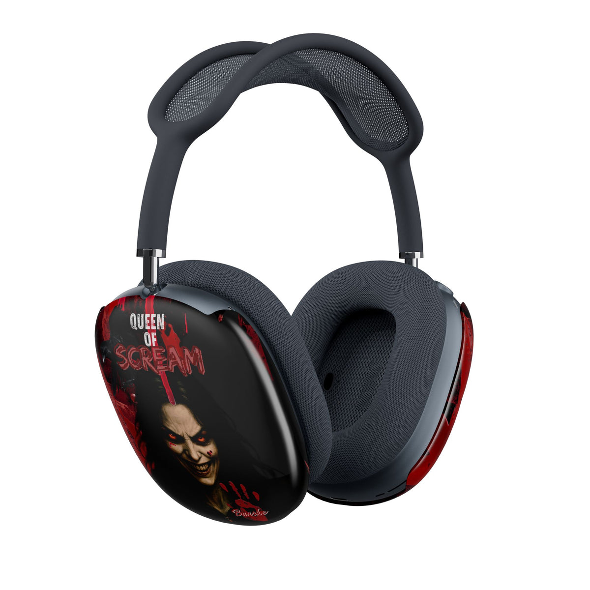 A pair of over-ear headphones with a custom 'Queen of Scream' graphic skin on the left earcup, featuring a portrait of the character Norma Macbeth and red blood splatter details, set against a plain white background.