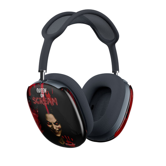 A pair of over-ear headphones with a custom 'Queen of Scream' graphic skin on the left earcup, featuring a portrait of the character Norma Macbeth and red blood splatter details, set against a plain white background.