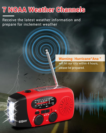 Emergency Hand Crank Radio 7400Mwh with 3 LED Flashlight, AM/FM/NOAA Portable Weather Radio with Power Bank Phone Charger, Solar Powered Rechargeable Radio for Indoor Survival Camping, SOS Alarm