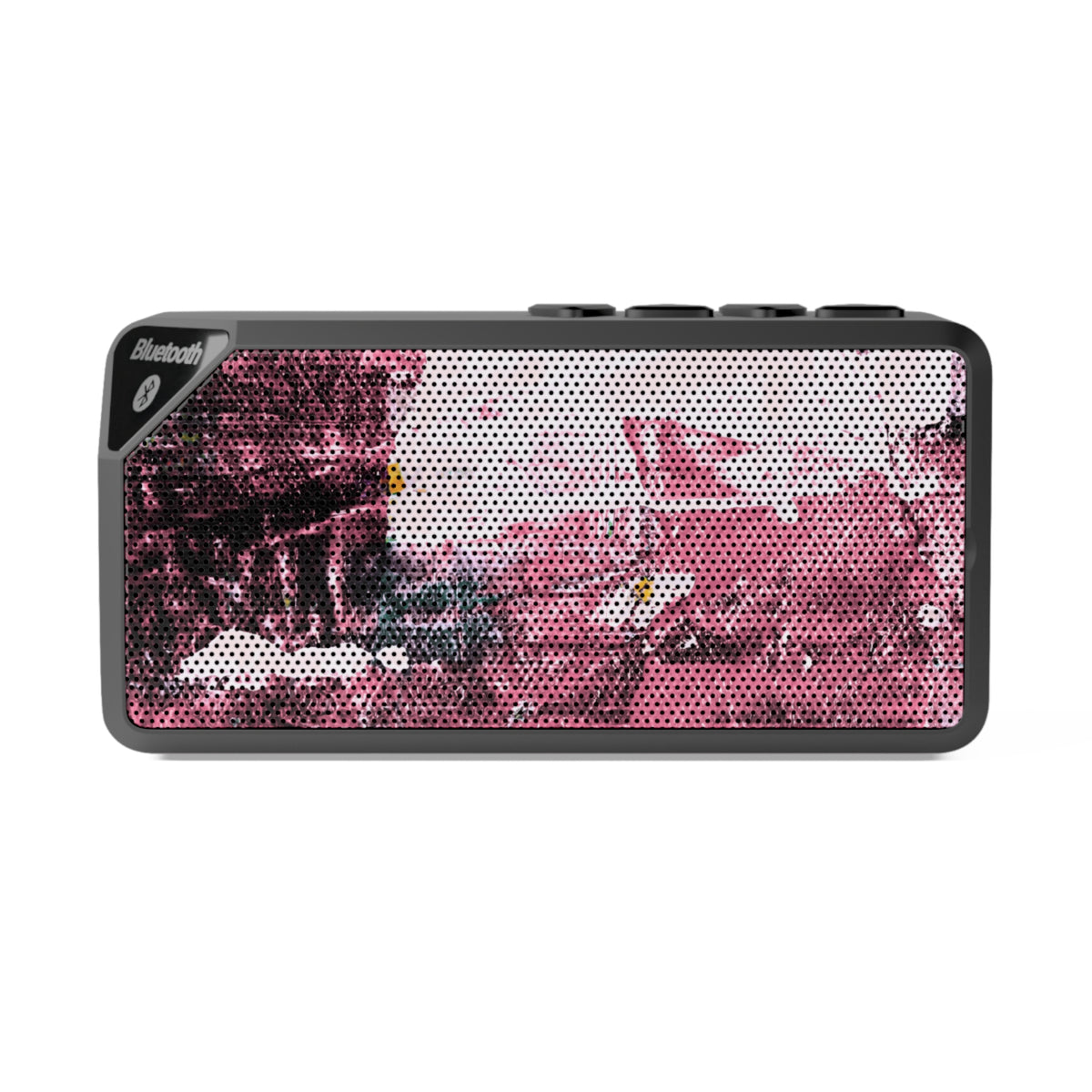 A rectangular Bluetooth speaker with a black frame and a pink, black, and white pixelated graphic design on the front grille, shown against a plain white background.