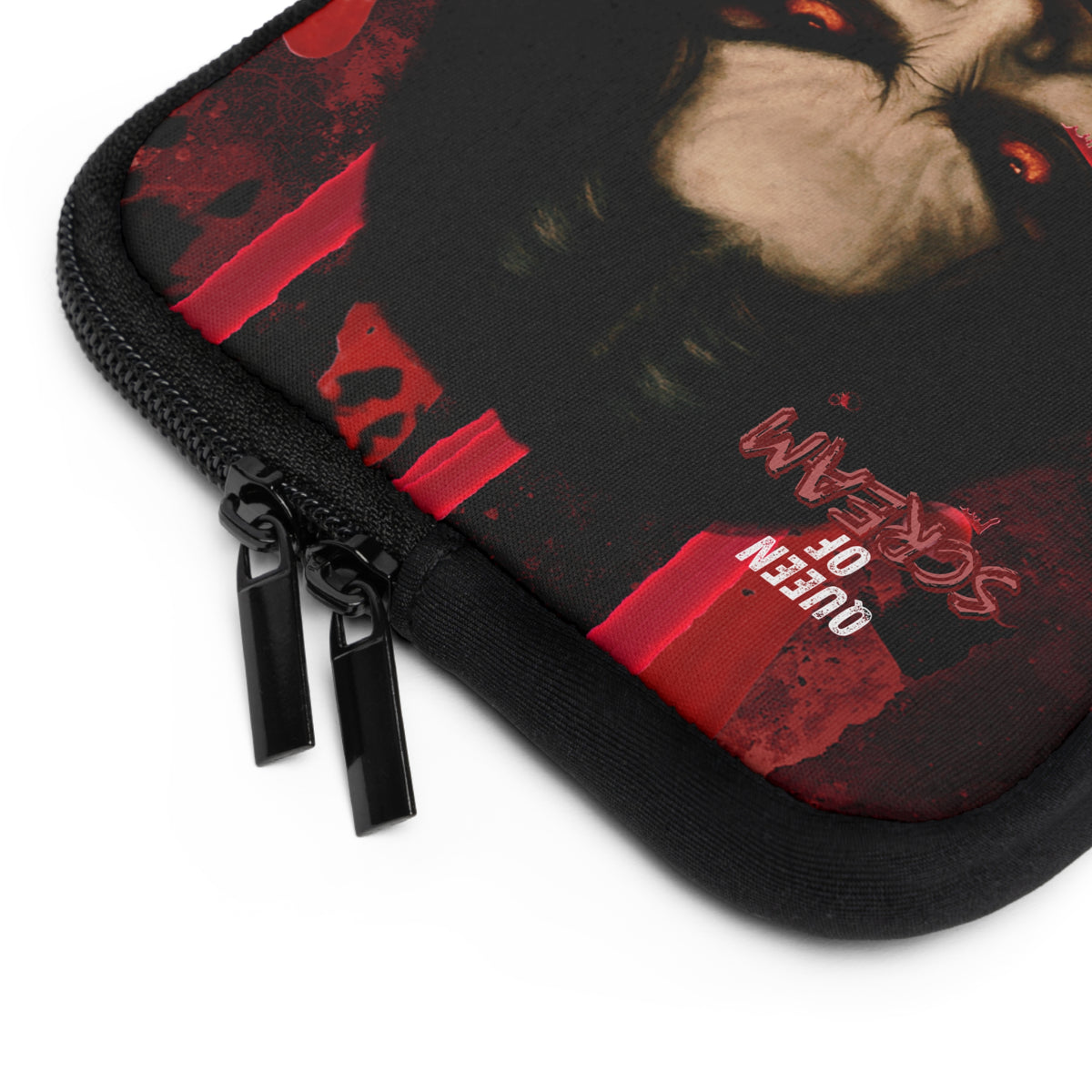 A close-up of a black zippered pouch featuring a graphic print of a horror character's face with red eyes and the text 'QUEEN OF SCREAM' in red, shown on a white background.