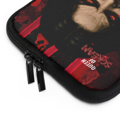 A close-up of a black zippered pouch featuring a graphic print of a horror character's face with red eyes and the text 'QUEEN OF SCREAM' in red, shown on a white background.