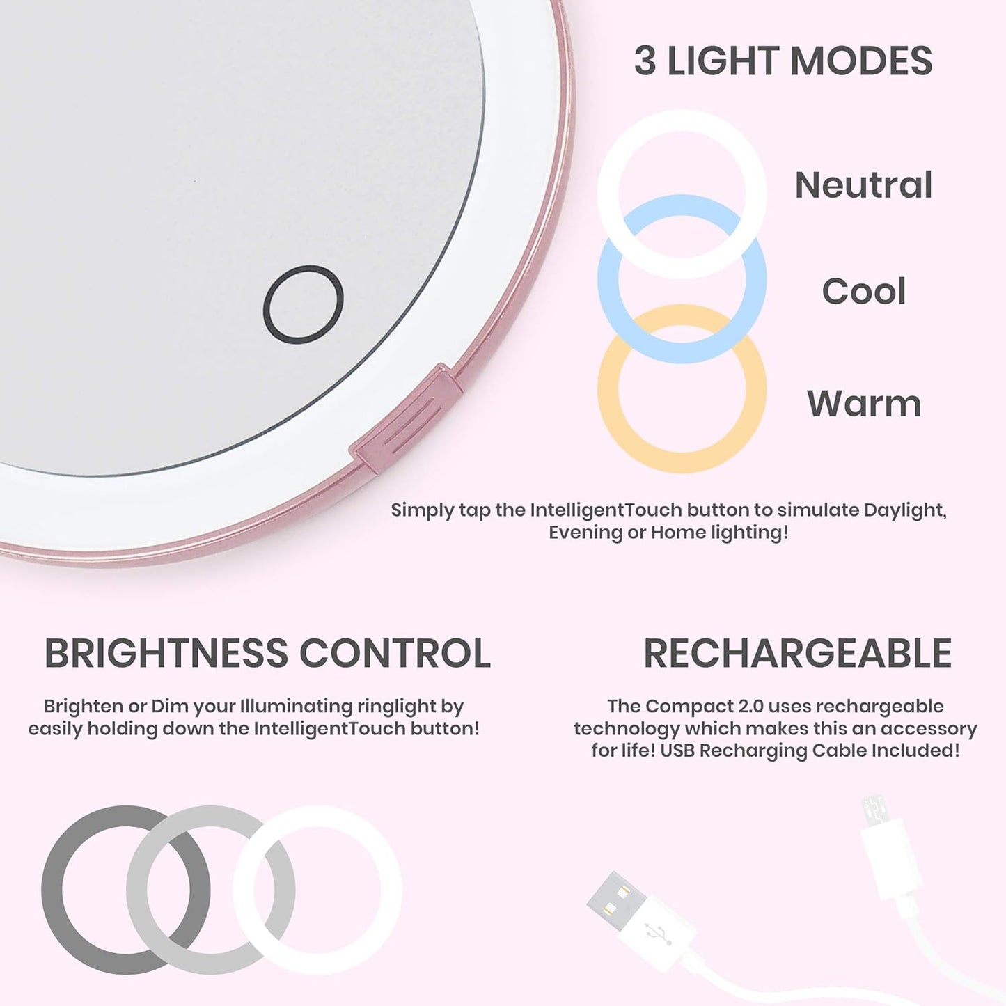 Compact Travel Mirror | Travel Makeup Mirror with Light | LED Lighted Vanity Mirror with 3 Light Modes | 7X Magnification Folding Portable & Rechargeable (Rose Gold)
