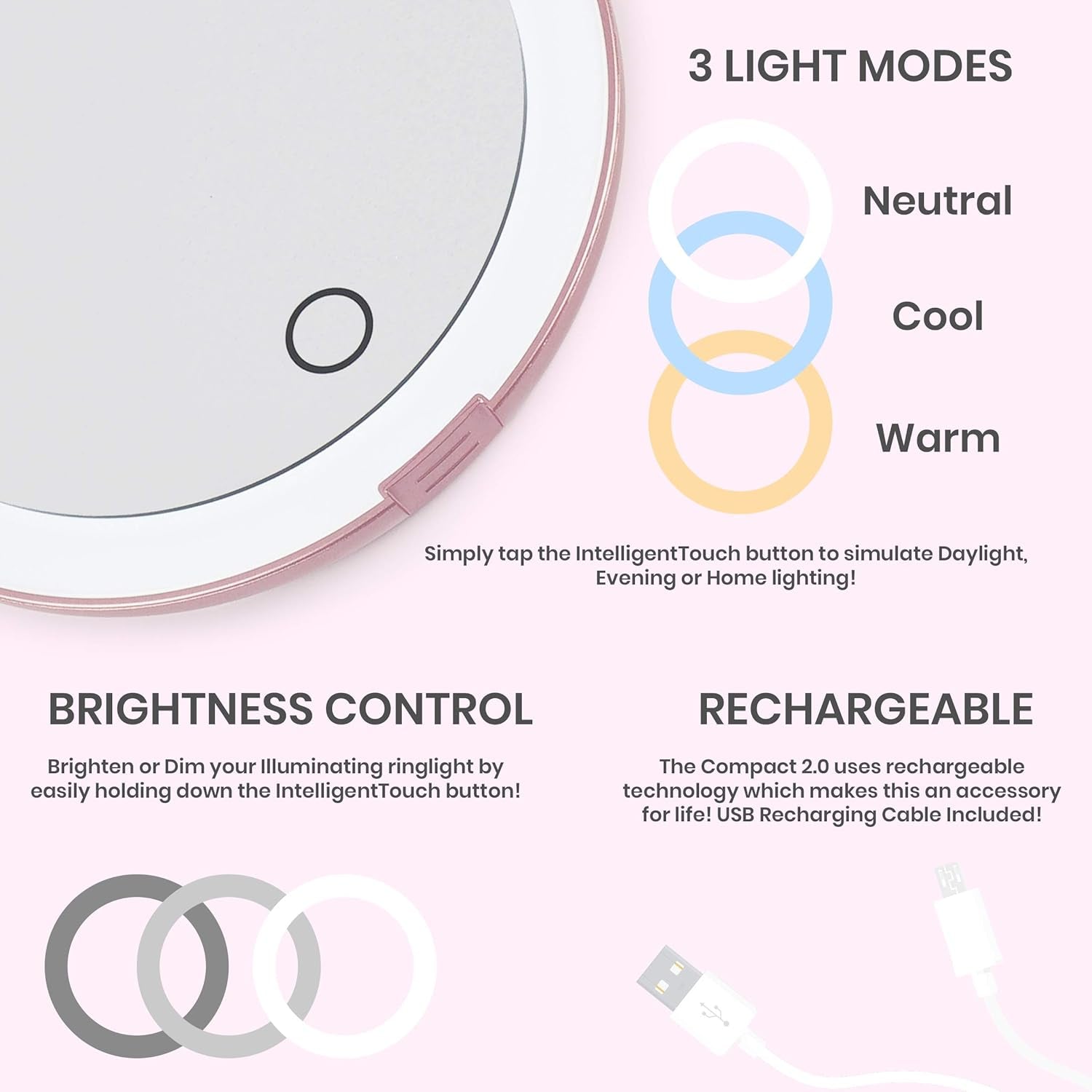 Compact Travel Mirror | Travel Makeup Mirror with Light | LED Lighted Vanity Mirror with 3 Light Modes | 7X Magnification Folding Portable & Rechargeable (Rose Gold)