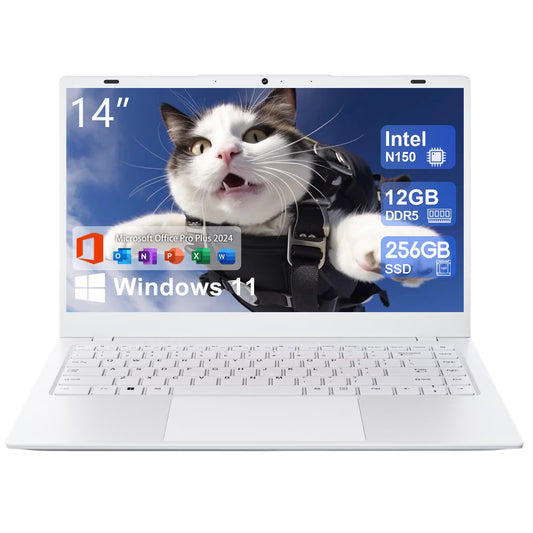 14" Windows 11 Laptop, 12GB DDR5 RAM 256GB SSD, up to 3.6Ghz Intel N150 4 Core, with Type-C PD Charging, Office 2024, Wifi6 BT 5.2, 1080 FHD Display Backlit KB for Student, Business, White