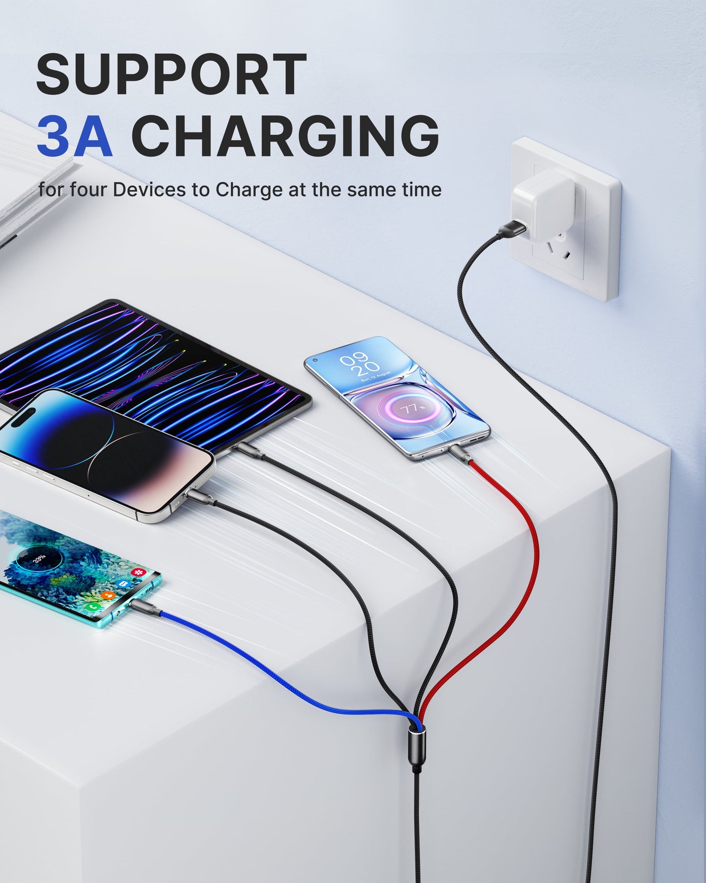 2 Pack Multi Charging Cable, 4 in 1 Multi Phone Charger Cable Fast Charging Cord with USB C, Micro USB Cable Compatible with Iphone/Samsung/Android Phone, Black