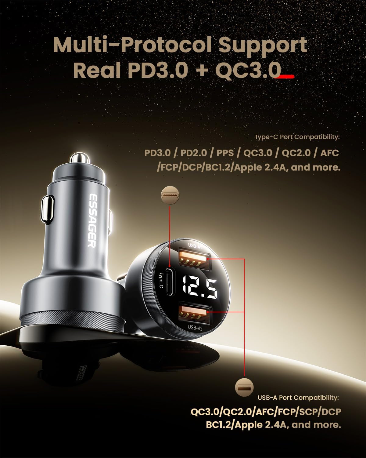Car Charger 80W Super Fast Charging with USB PD/PPS/QC 3.0(Voltmeter&Led Lights) Universal Quick Charge for 12-24V Car Cigarette Lighter Plug,Compatible with Iphone 15 14 13 12,S22 S21 S20