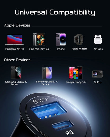 USB C Car Charger Adapter, 60W Total Cigarette Lighter USB Charger for Iphone Samsung, Black