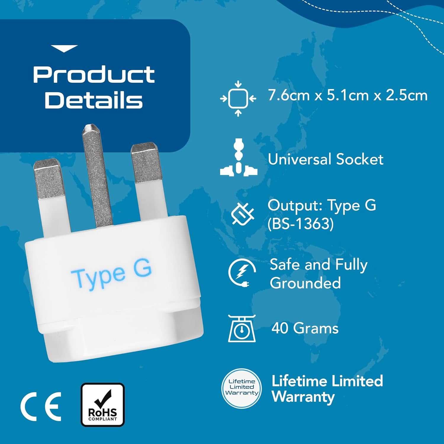 UK, Hong Kong, Ireland, UAE Travel Plug Adapter (Type G) - 3 Pack [Grounded & Universal] (GP-7-3PK), White, Standard