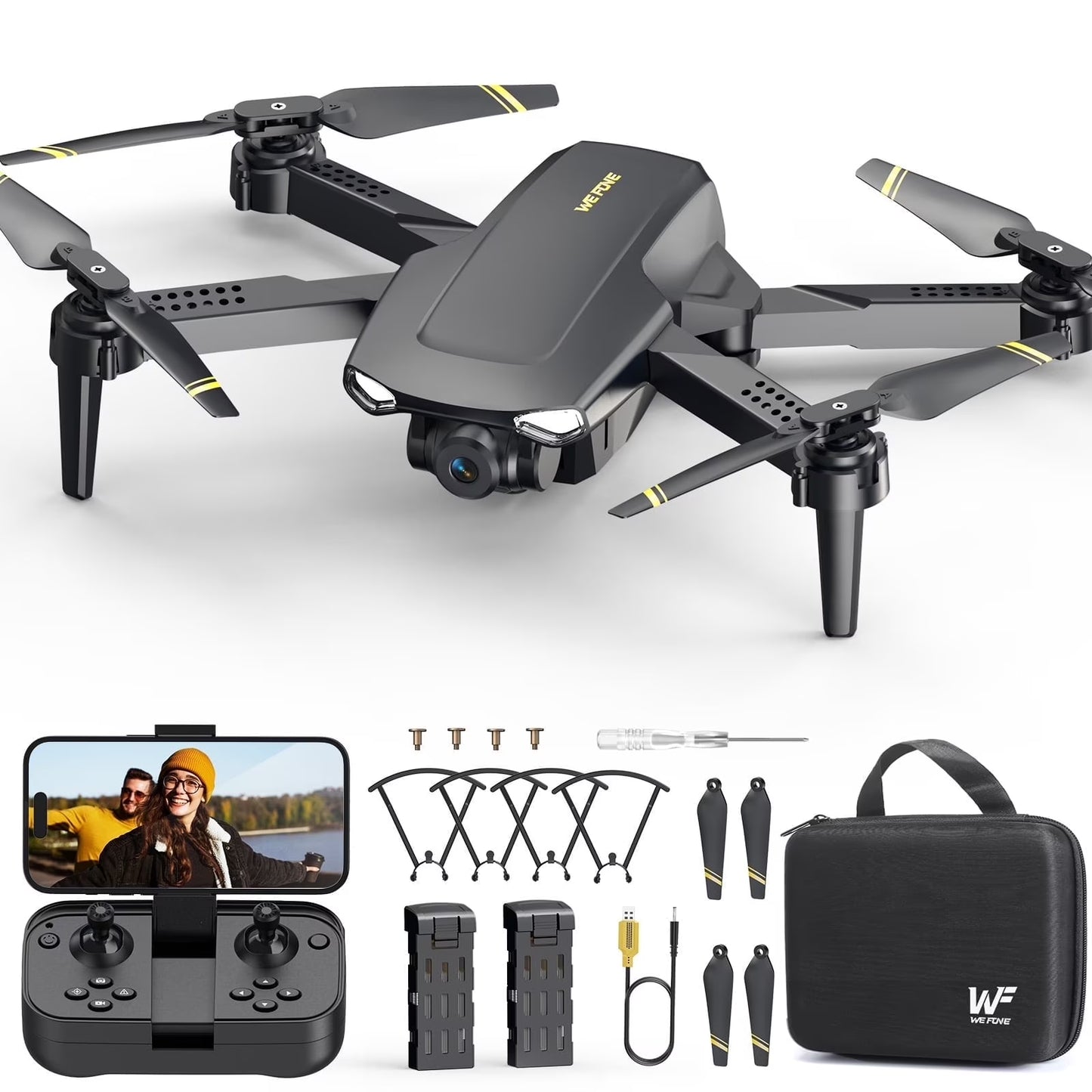 Drone with Camera for Kids 8-12, WF11 1080P Foldable Quadcopter with FPV Transmission, 2 Batteries, Black