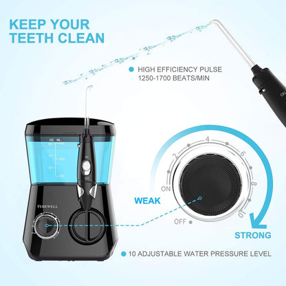 Water Flossing Oral Irrigator, 600ML Dental Teeth Cleaner 10 Adjustable Pressure, Electric Oral Flosser for Braces, 8 Replacement Jet Tips for Family (Black)