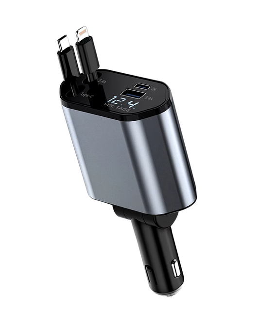 4-in-1 Retractable Car Charger - 100W Quick Charge with USB/iPhone/USB-C Cables