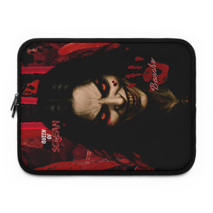 A black zippered laptop sleeve featuring a graphic print of a creepy clown character with red eyes, red blood splatters, and the text 'Queen of Scram' and 'Bander'.