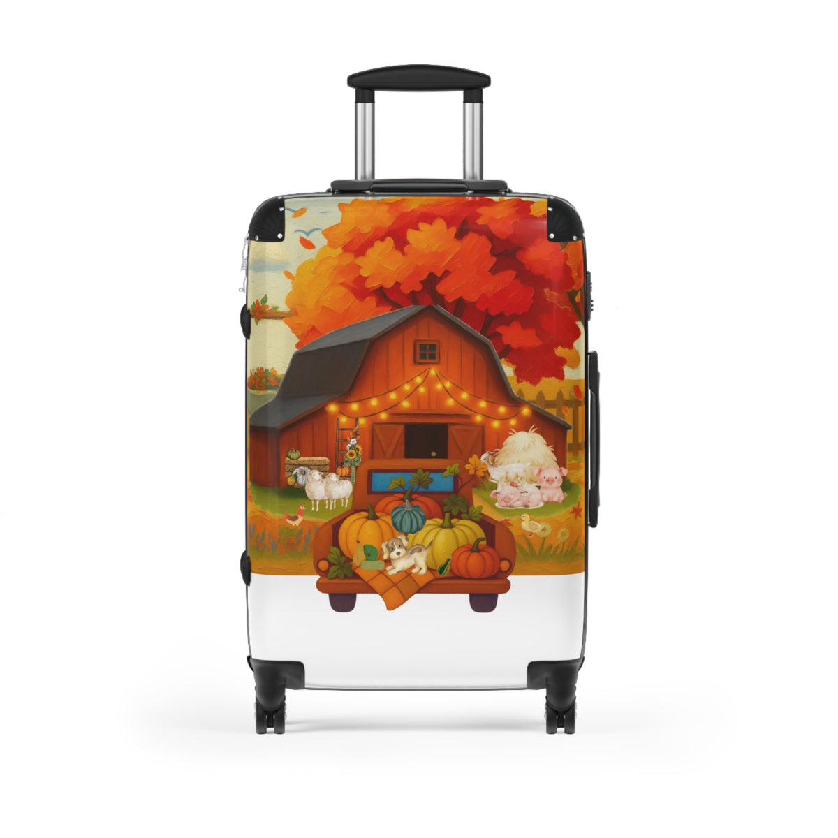 A hard-shell rolling suitcase with an extended telescoping handle and four spinner wheels, featuring a colorful autumn farm illustration on the exterior. The print shows a red barn, orange and red fall leaves, pumpkins, sheep, and a white sheep on a bed.
