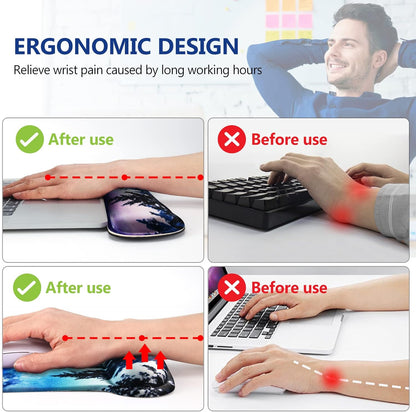 Ergonomic Keyboard Wrist Rest and Mouse Pad with Wrist Support Set, Memory Foam Non-Slip Rubber Base, for Gaming, Working, Home, Office, Easy Typing, Pain Relief, Forest Moon Sky
