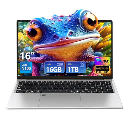 16 Inch FHD 1920 * 1200 Laptop Computer 16GB RAM 1TB SSD N100 Processor 180 Angle Open Backlit Keyboard Windows 11 Pro Fingerprint Unlock UHD Graphics
