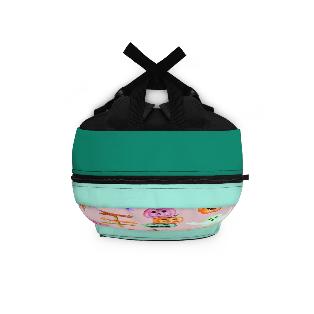 A double-compartment lunch bag with a solid teal upper half, a black top handle section, and a pastel pink lower half decorated with cartoon characters.