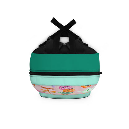 A double-compartment lunch bag with a solid teal upper half, a black top handle section, and a pastel pink lower half decorated with cartoon characters.