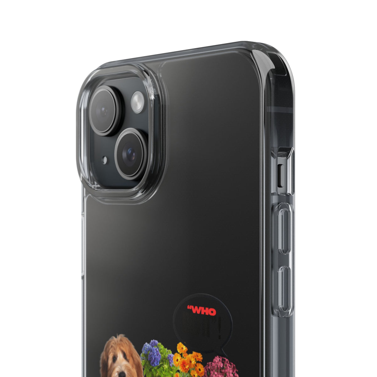 A clear protective phone case fitted on a black smartphone, shown from the back with the camera cutout visible. The case has a printed red 'WHO' logo near the bottom and a colorful dog-and-flowers graphic at the very bottom edge.