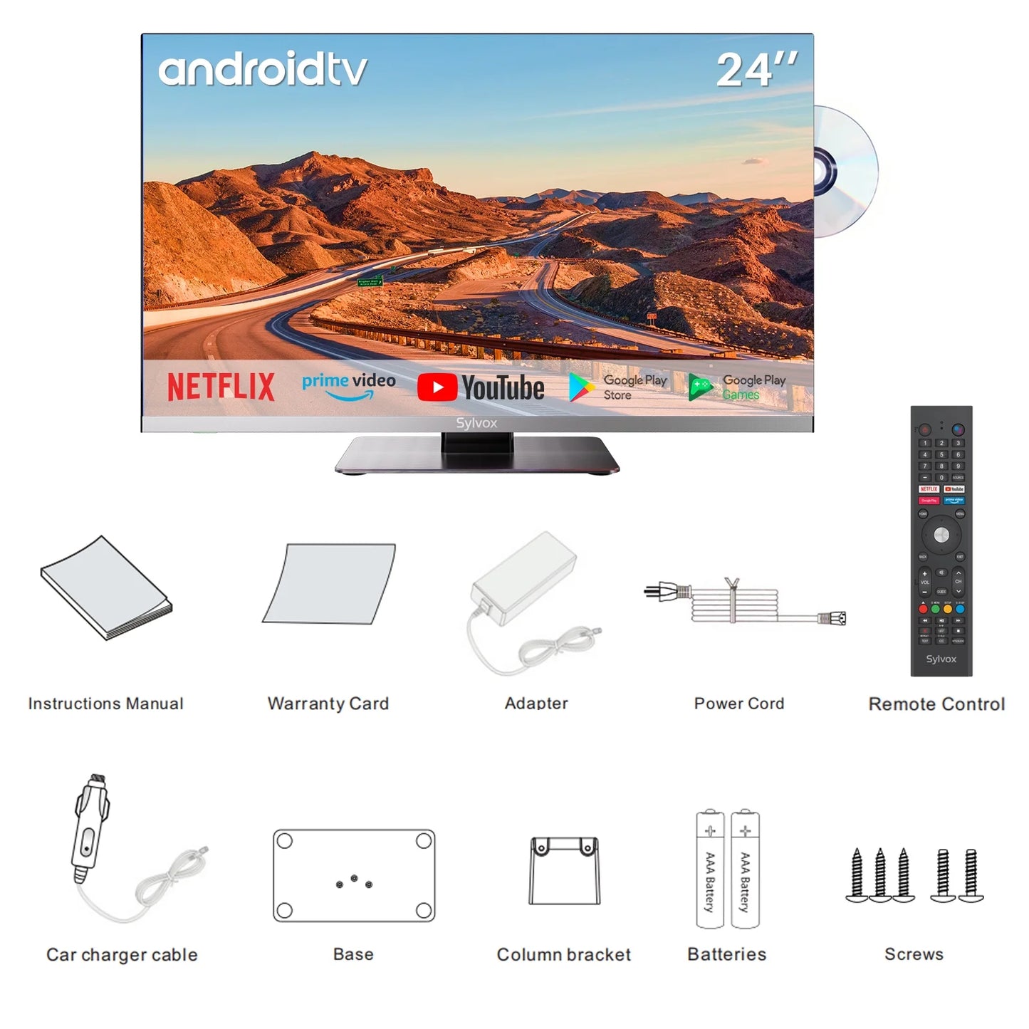 Smart RV TV, 24 Inch Android TV with Built-In DVD Player, 12 Volt TV for RV Camper, 1080P FHD, APP Store, Wifi Bluetooth, 2 HDMI & 2 USB, AC/DC Powered (Limo Series)