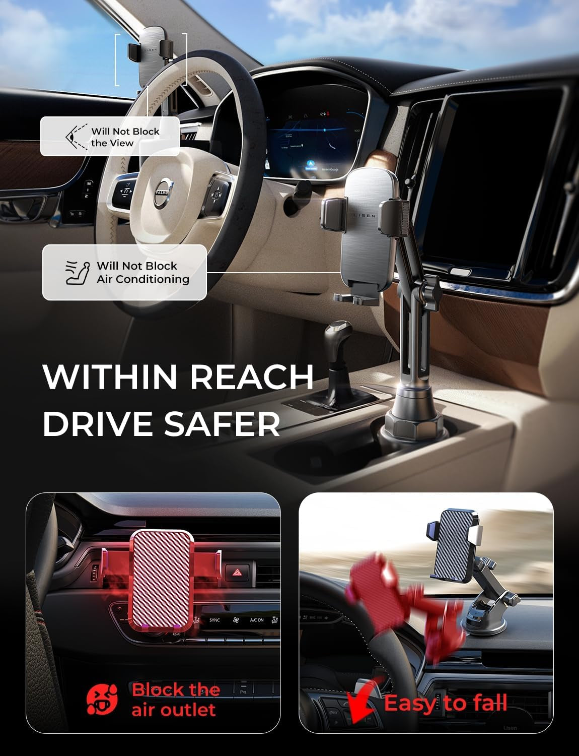 Upgraded Version Cup Phone Holder for Car 360° Adjustable Long Neck Car Phone Mount Cradle Friendly Golf Cart Phone Holder, Truck Jeep Accessories for Iphone Samsung Google and All 4-17'' Phone