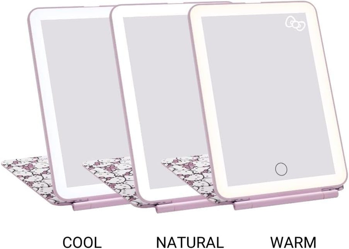 Impressions Vanity Hello Kitty Touch Pad Mini Tri-Tone Makeup Mirror with Printed Flip Cover and LED Strip, Travel Vanity Mirror with Touch Sensor Switch and USB Extension (White/Pink)