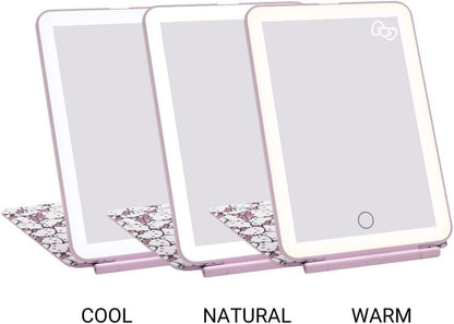 Impressions Vanity Hello Kitty Touch Pad Mini Tri-Tone Makeup Mirror with Printed Flip Cover and LED Strip, Travel Vanity Mirror with Touch Sensor Switch and USB Extension (White/Pink)