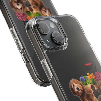 A clear protective phone case with a custom printed design of golden retriever dogs and colorful flowers, shown on a black smartphone against a white background.