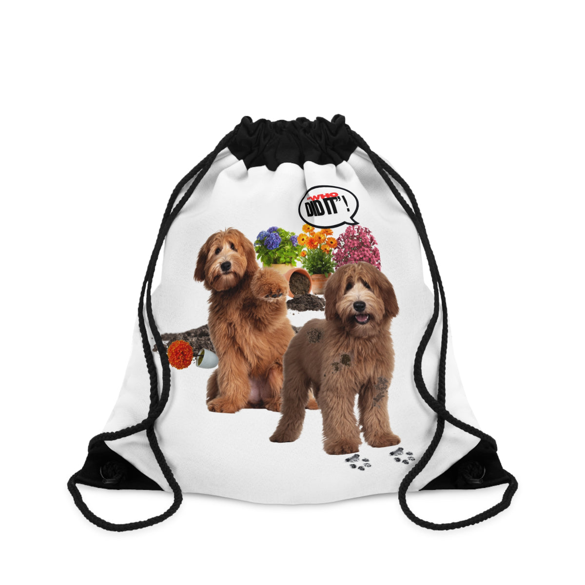 A white drawstring bag with black cords and a printed graphic of two brown dogs, flowers, and a speech bubble that says 'DO IT!'.