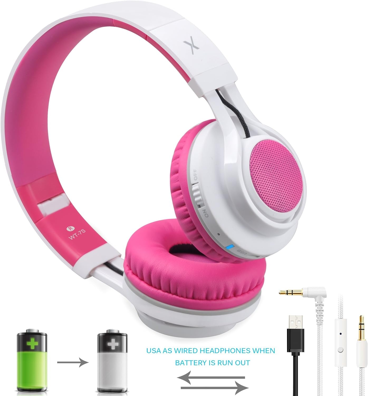 WT-7S Bluetooth Headphones Light Up, Foldable Stero Wireless Headset with Microphone and Volume Control for Pc/Tablet/Tv/Travel (Pink)
