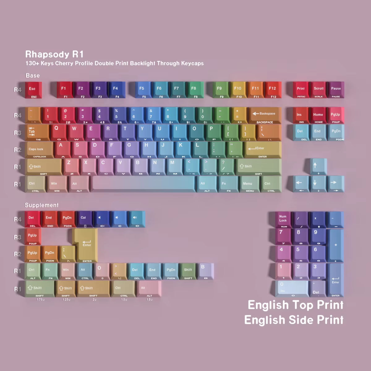 Gradient Translucent Color Sided Printed Keycaps 130Keys for Mechanical Keyboard English Korean Cangjie Key Caps Cherry PBT