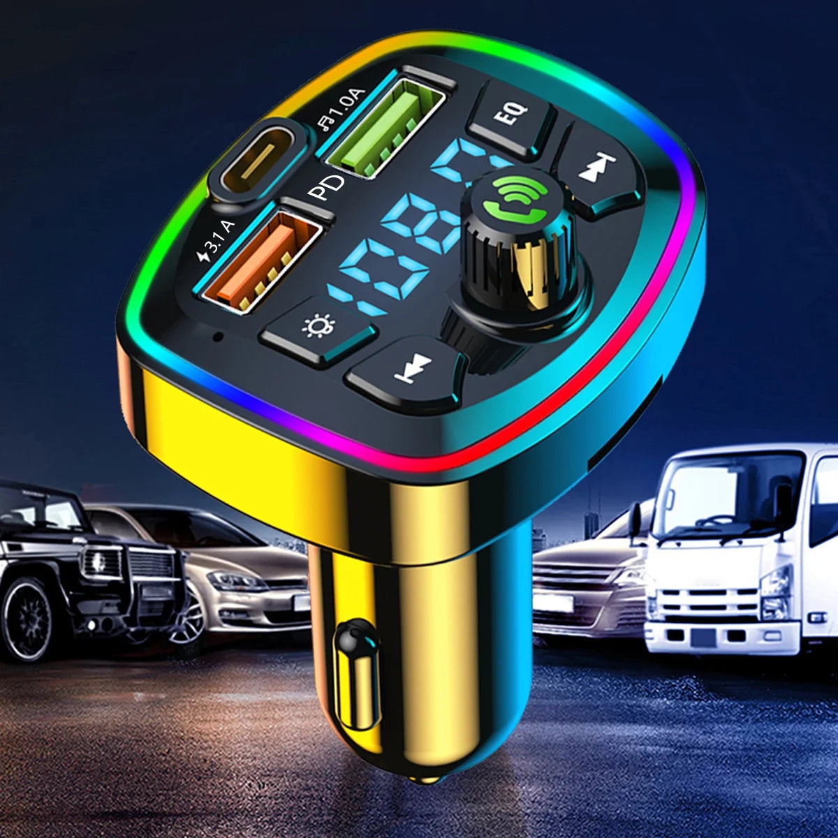 Car MP3 Player Bluetooth 5.0 FM Transmitter W/2 USB Charger and PD QC Interface Wireless FM Modulator W/ Built-In Mic and CVC Technology Car Radio Adapter W/ 7-Colors Backlight for Cars