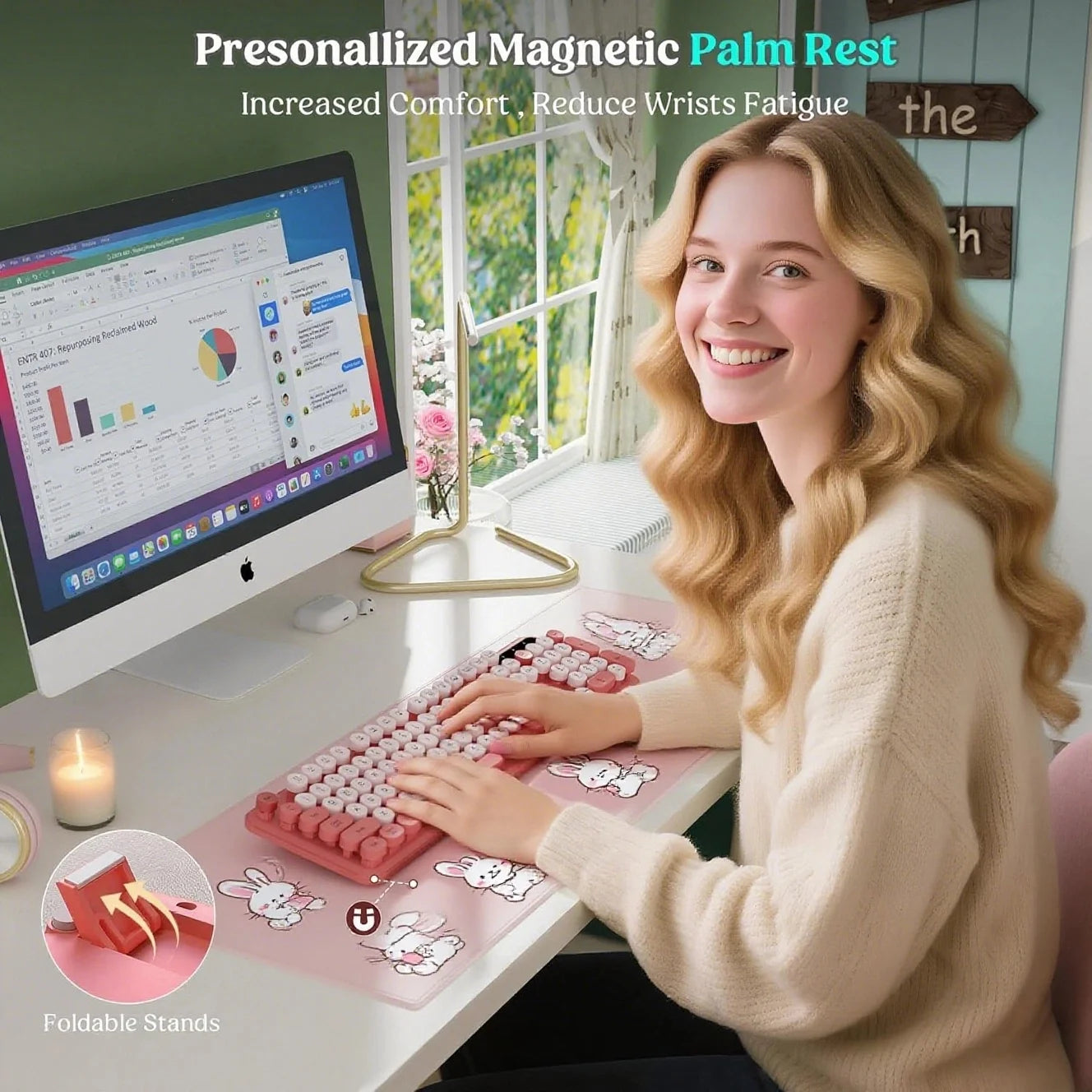 Wireless Keyboard Mouse Combo - Retro Typewriter Design, Detachable Wrist Rest, 2.4G Wireless for Women, Pc/Laptop/Windows - Blush Pink