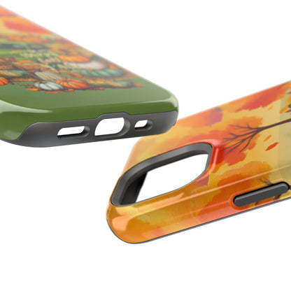 Two views of a phone case with a colorful autumn design. One view shows the back decorated with green, orange, and yellow fall foliage and pumpkins, while the other shows the side with a warm orange and yellow watercolor pattern and a black camera cutout.