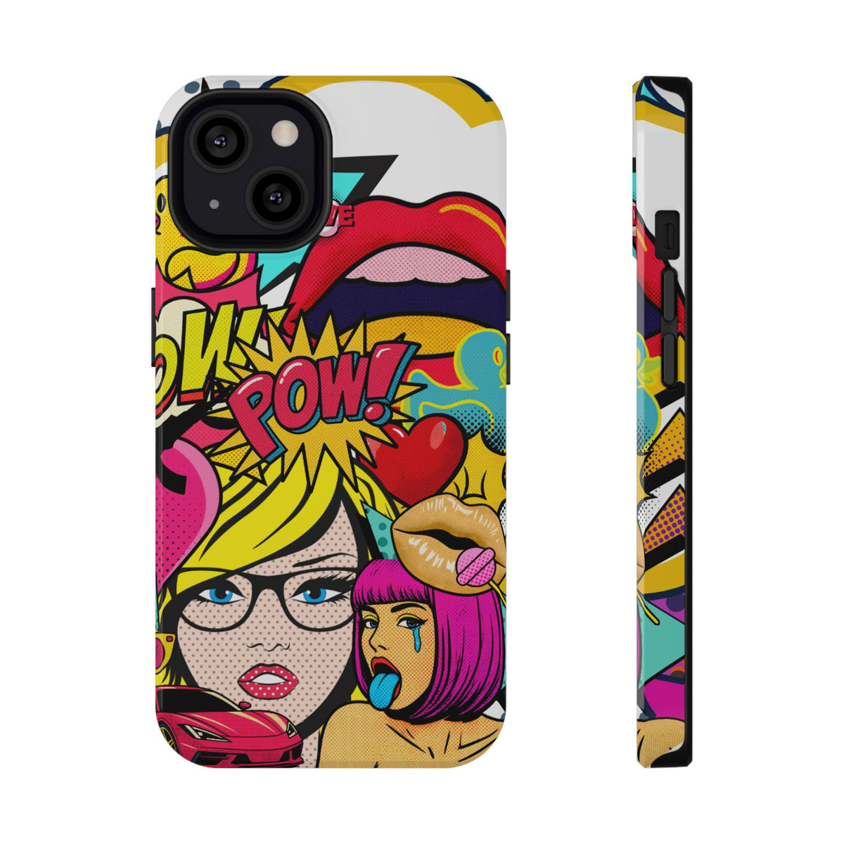 A phone case featuring a vibrant pop-art comic book illustration with two illustrated women, bold text including 'POW!', a red heart, and colorful graphic elements. A second side profile view of the case is shown next to it on a plain white background.
