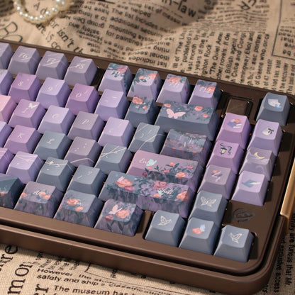 Midsummer Night Keycap Cherry MOA Profile PBT Thermal Sublimation Dreamy Purple Keycaps Aesthetic Butterfly Flower Keyboard Caps