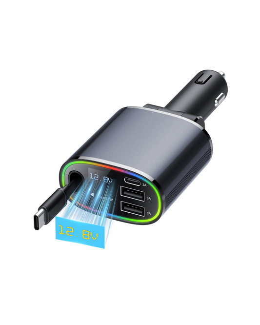 4-in-1 Retractable Car Charger - 78W USB-C Fast Charging with 2.6ft Cord