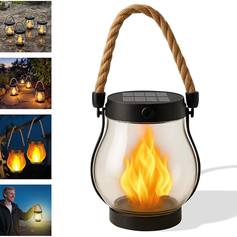 Solar Lantern Outdoor Lights Waterproof Dancing Flame Solar Lantern Hemp Rope Hanging Flame Lanterns for Garden Yard Decorations