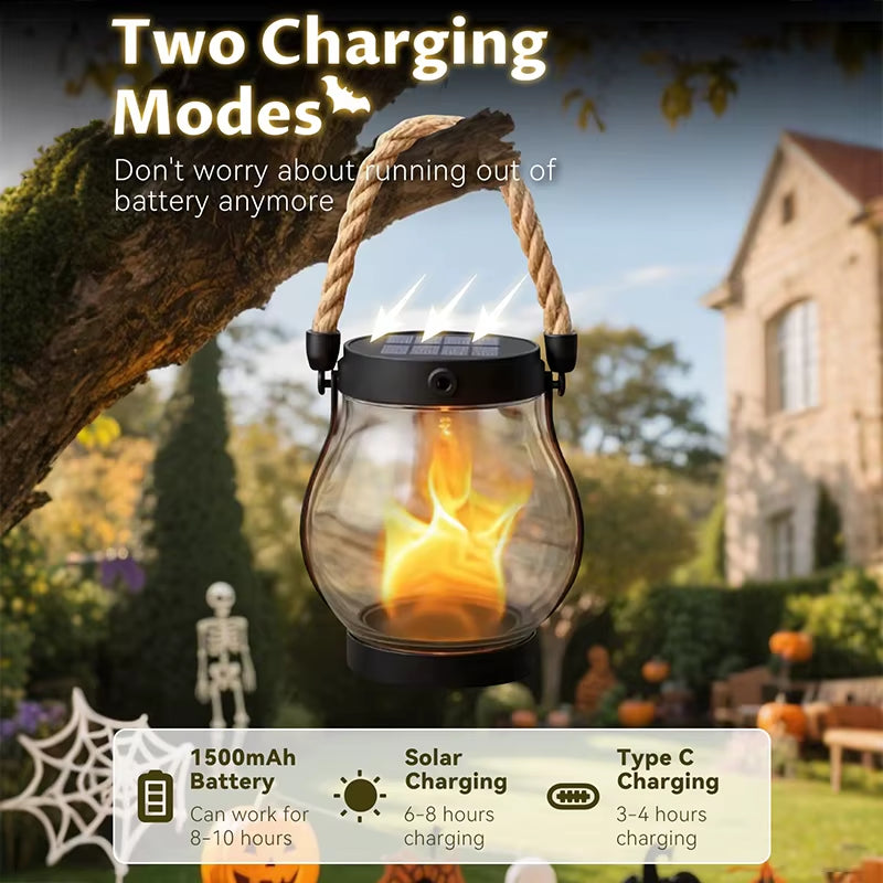 Solar Lantern Outdoor Lights Waterproof Dancing Flame Solar Lantern Hemp Rope Hanging Flame Lanterns for Garden Yard Decorations