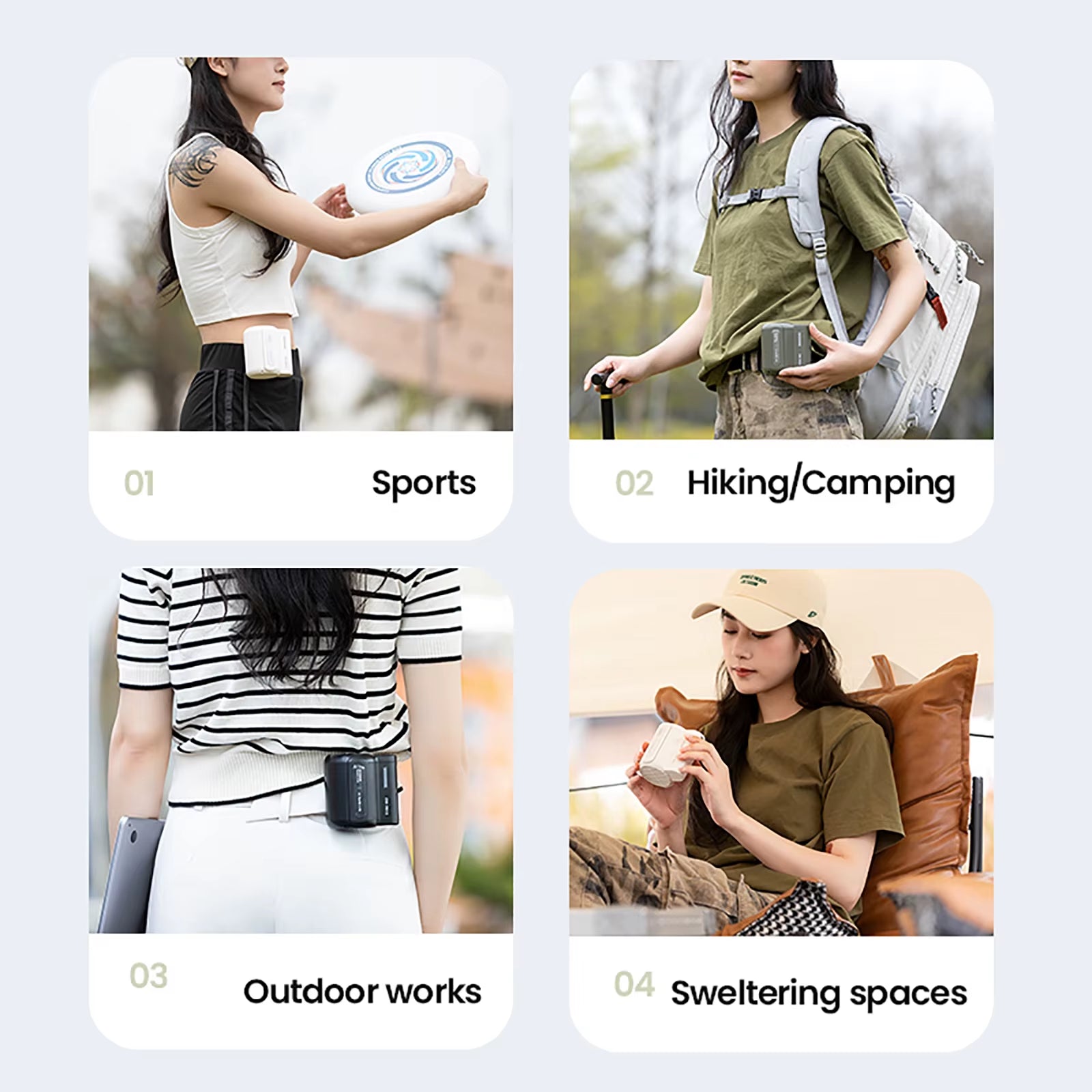 Portable Electric Fan Outdoor Camping Fan Rechargeable 3 Speeds Leafless Fan Waist-Mounted Handheld Mini Electric Fan