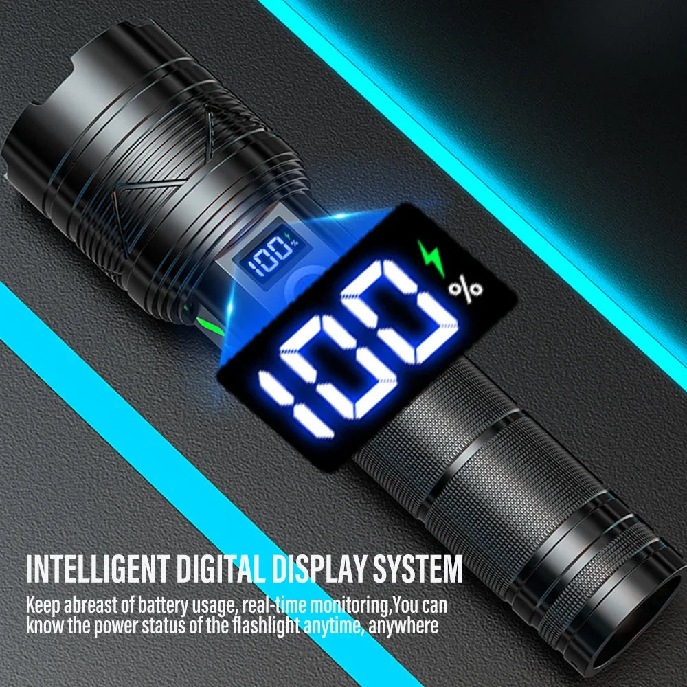 800W LED Flashlights 10000000 LM Powerful 2000Mah Battery Tactical Torch Flash Light USB Rechargeable Lantern with Smart Display
