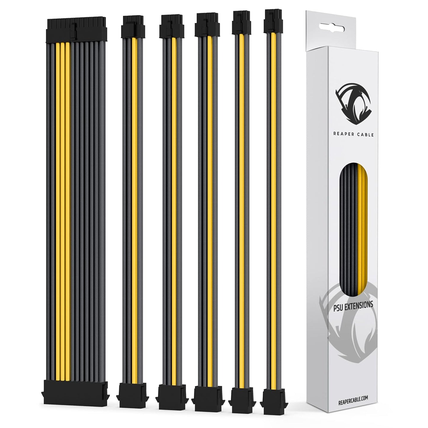 Sleeved PSU Extension Set - Power Supply Extensions - 1X 24 Pin/ 2X 8 Pin/ 2X 6 Pin/ 1X 4+4 Pin - with Combs - 30Cm (Carbon & Yellow)