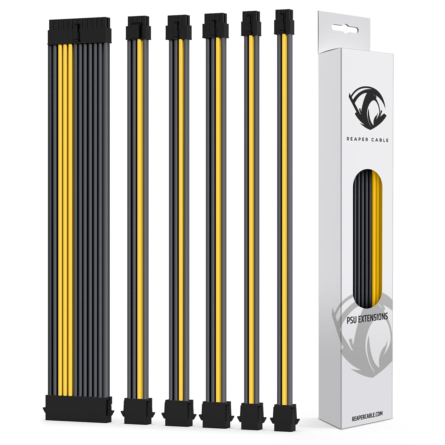 Sleeved PSU Extension Set - Power Supply Extensions - 1X 24 Pin/ 2X 8 Pin/ 2X 6 Pin/ 1X 4+4 Pin - with Combs - 30Cm (Carbon & Yellow)