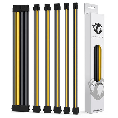 Sleeved PSU Extension Set - Power Supply Extensions - 1X 24 Pin/ 2X 8 Pin/ 2X 6 Pin/ 1X 4+4 Pin - with Combs - 30Cm (Carbon & Yellow)
